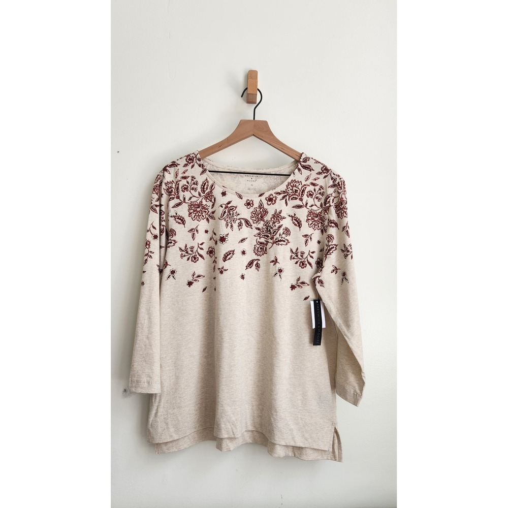 Preswick & Moore Floral Top Womens XL Oatmeal Maroon NWT Cotton Long Sleeve Boho